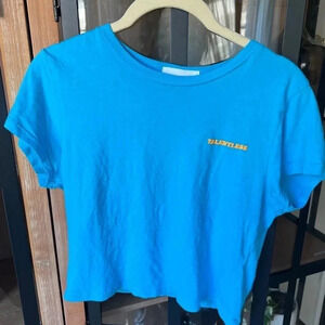 TALENTLESS baby tee short sleeve crop top bright aqua blue orange logo